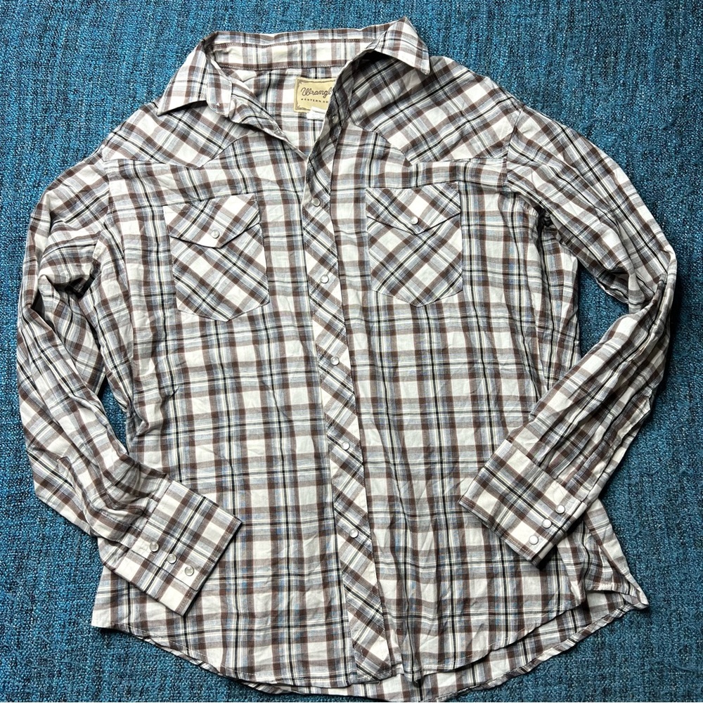 Wrangler Western Pearl Snap Plaid Button Up Shirt in Antique White Brown Mens XL